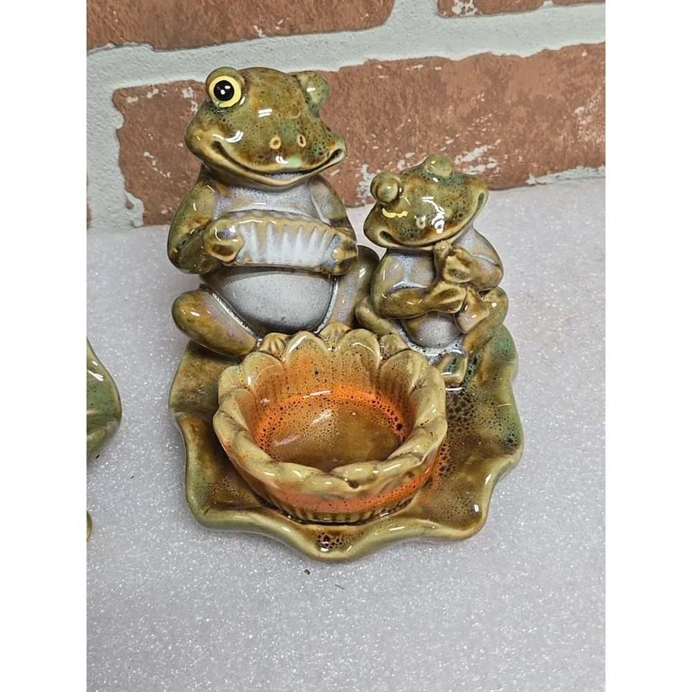 Frogs Toads Votive Candle‎ Holder Playing Instruments on Lily Pad Ceramic Lot 2